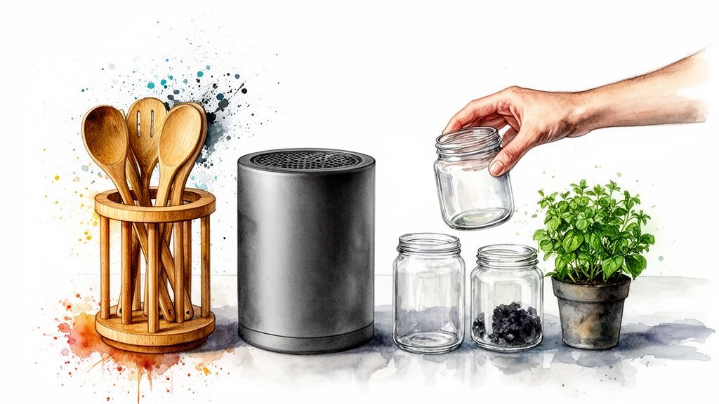 A watercolor illustration of kitchen items: wooden utensils, a gray container, glass jars, and a potted herb.