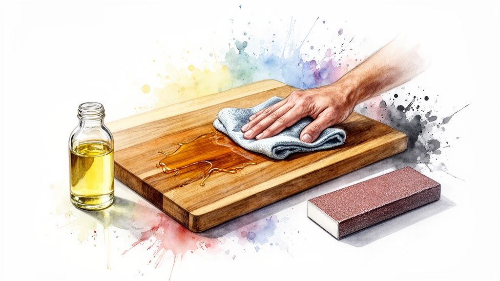 Hand wiping oil on a wooden cutting board with a cloth, next to an oil bottle and sanding block.