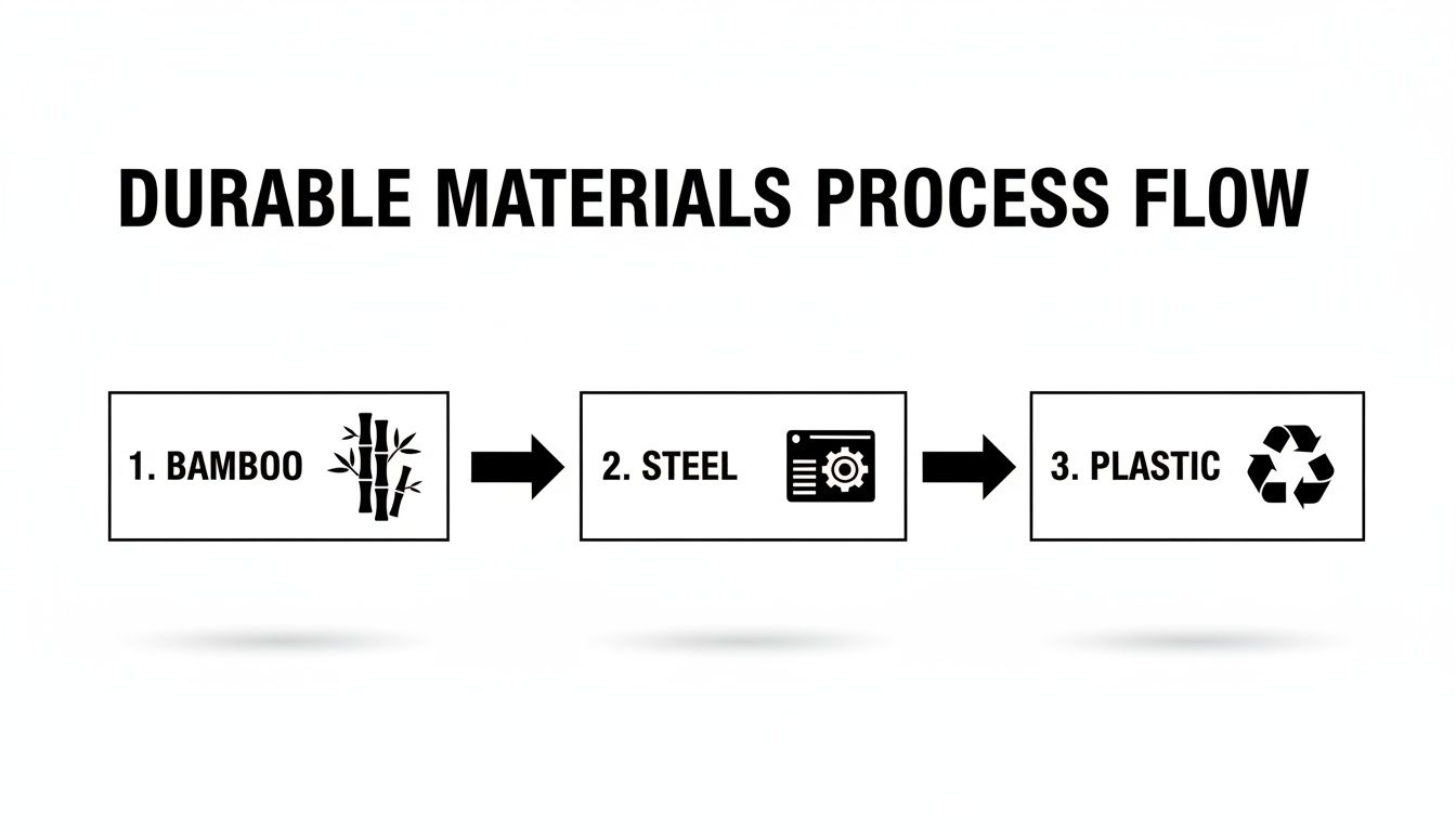 A durable materials process flow diagram showing bamboo, steel, and plastic with their respective icons.