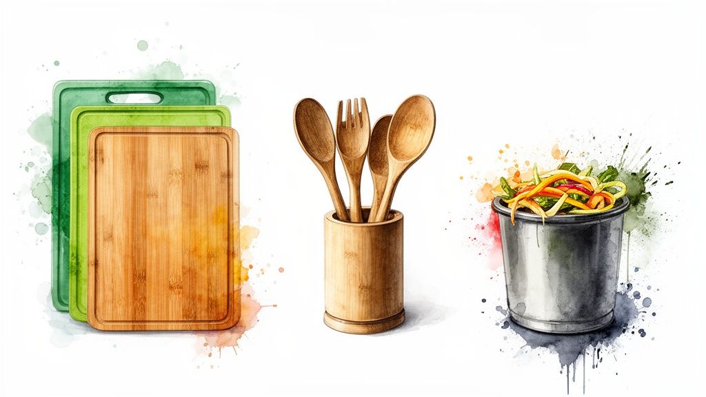 Watercolor illustration of various kitchen essentials, including cutting boards, wooden utensils, and fresh vegetables.