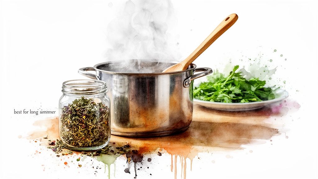 A simmering metal pot with a wooden spoon, next to a jar of dried herbs and a plate of fresh greens.