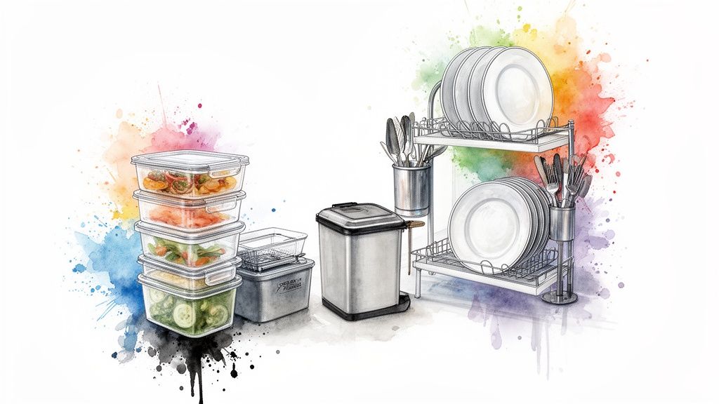 A watercolor illustration of kitchen essentials: food containers, a trash can, and a dish drying rack.