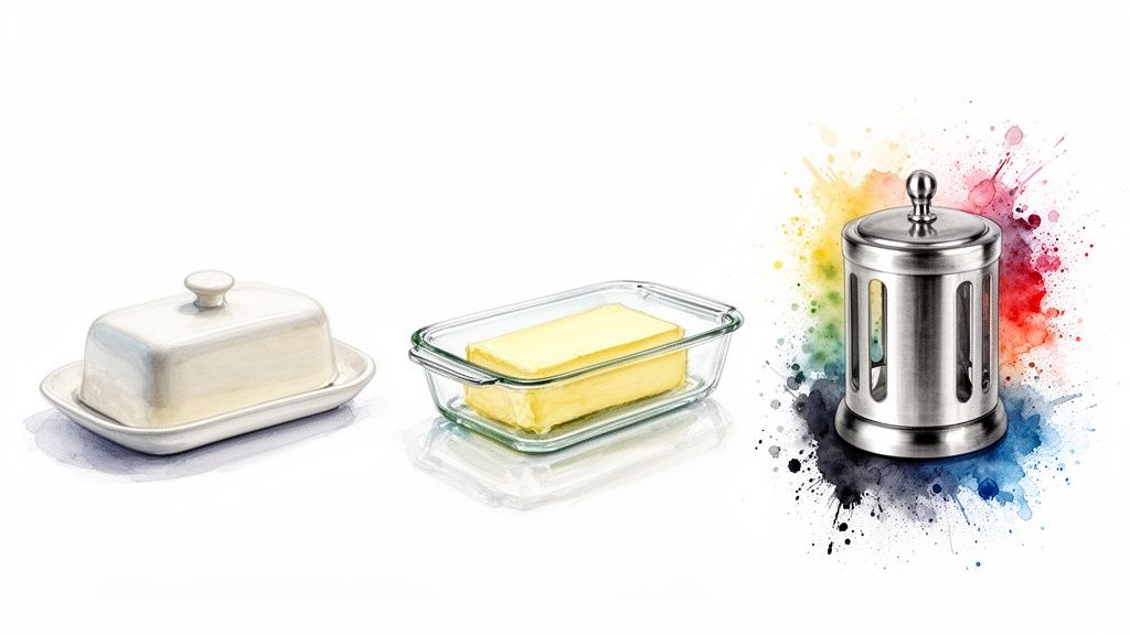 A white ceramic butter dish, a glass dish containing butter, and a metal butter grater.