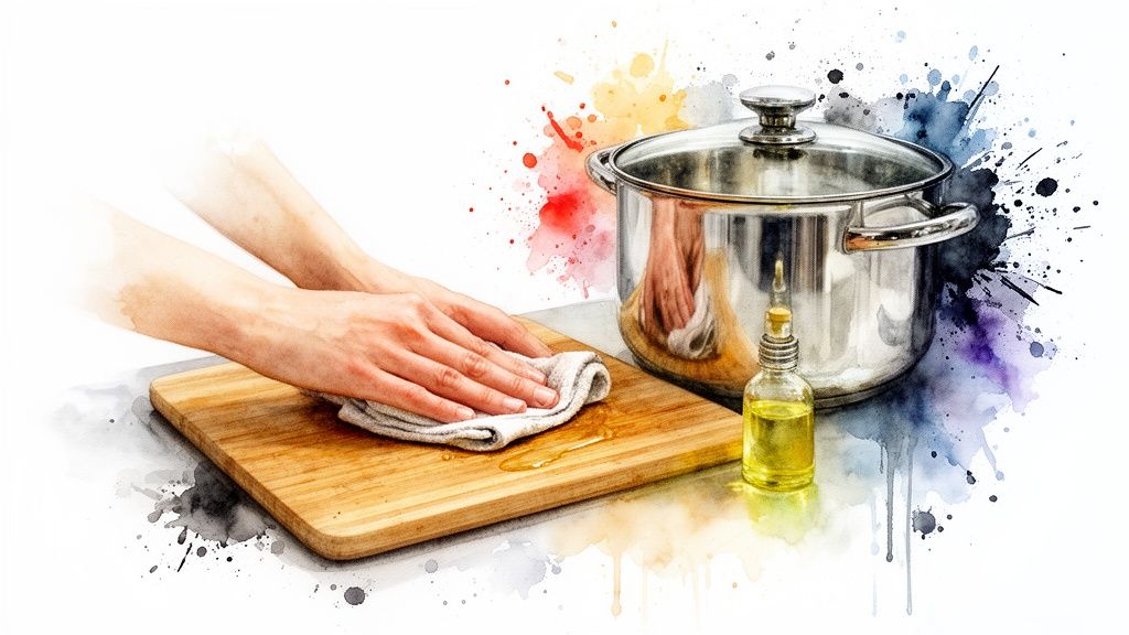 Hands wipe a wooden cutting board with a cloth, next to a stainless steel pot and oil bottle.