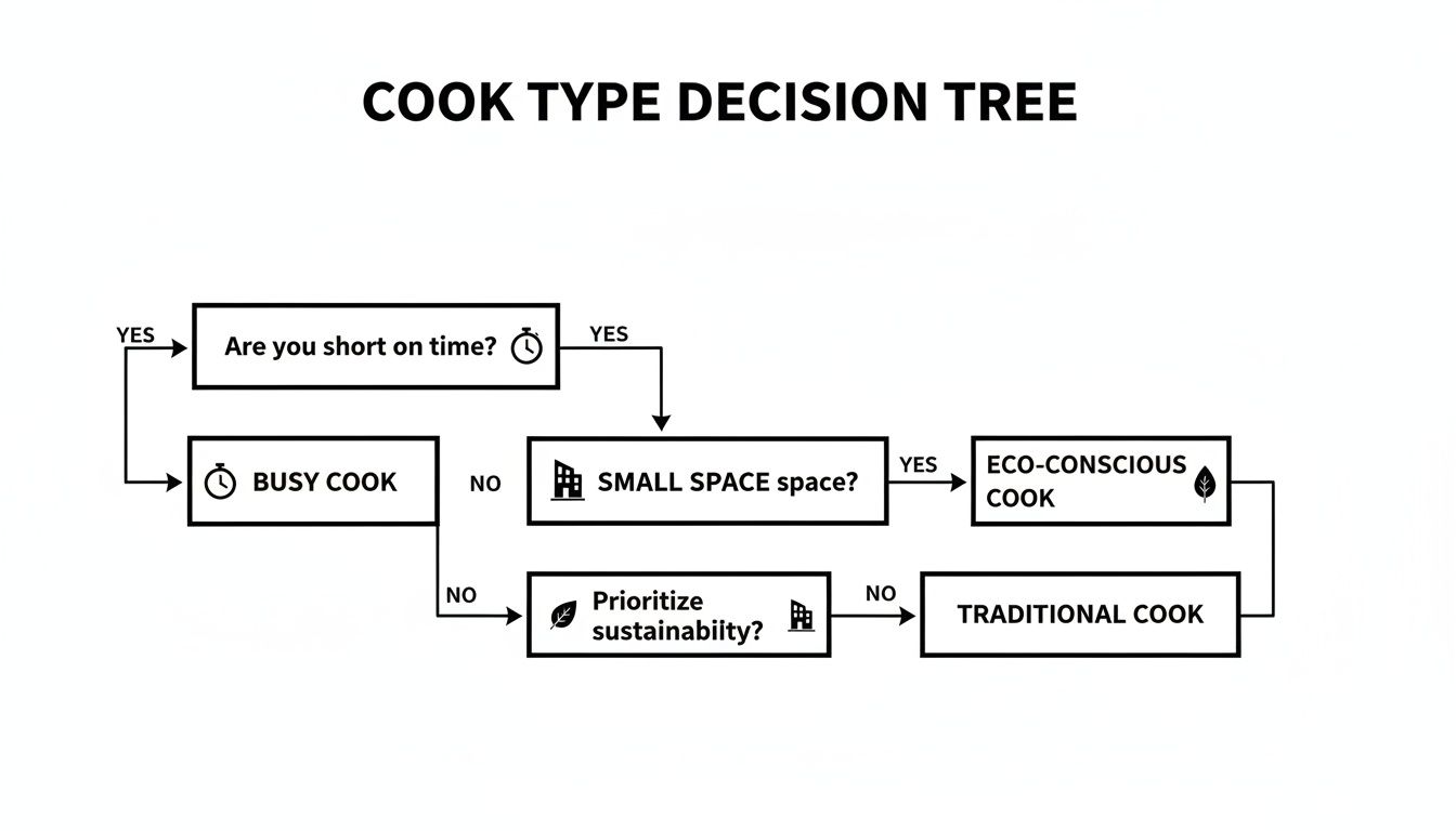 A cook type decision tree flow chart asking questions to classify cooking styles.