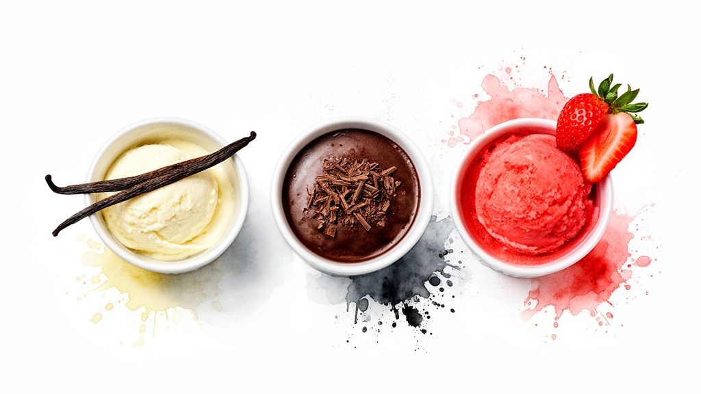 Three bowls of vanilla, chocolate, and strawberry ice cream with colorful watercolor splashes.