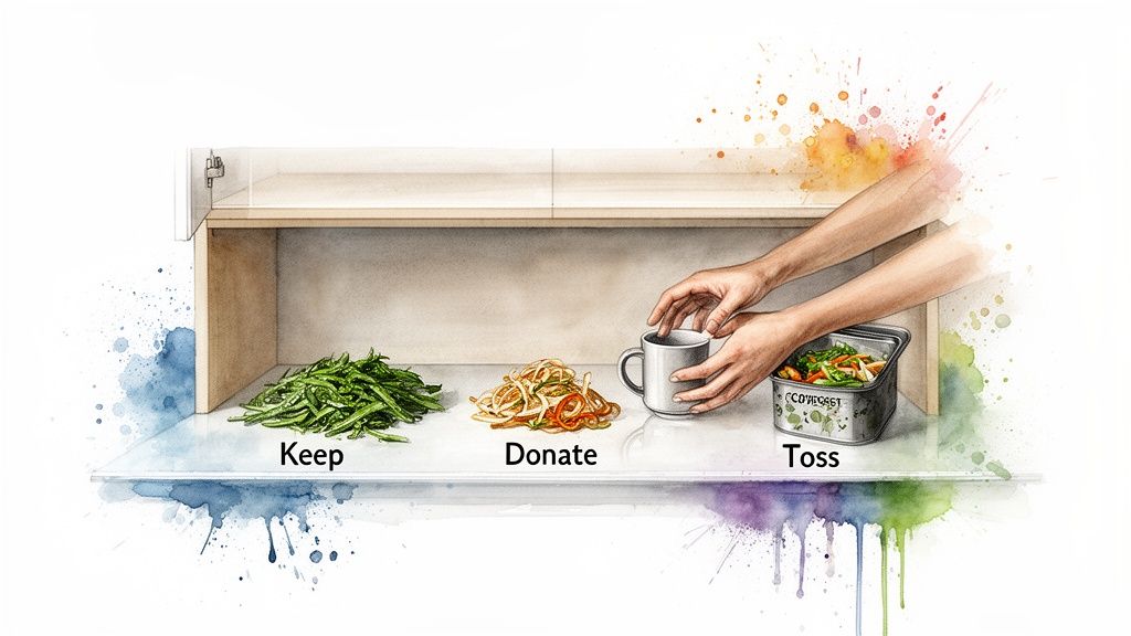 Hands sort fresh vegetables into three piles: Keep, Donate, and Toss, on a kitchen counter.