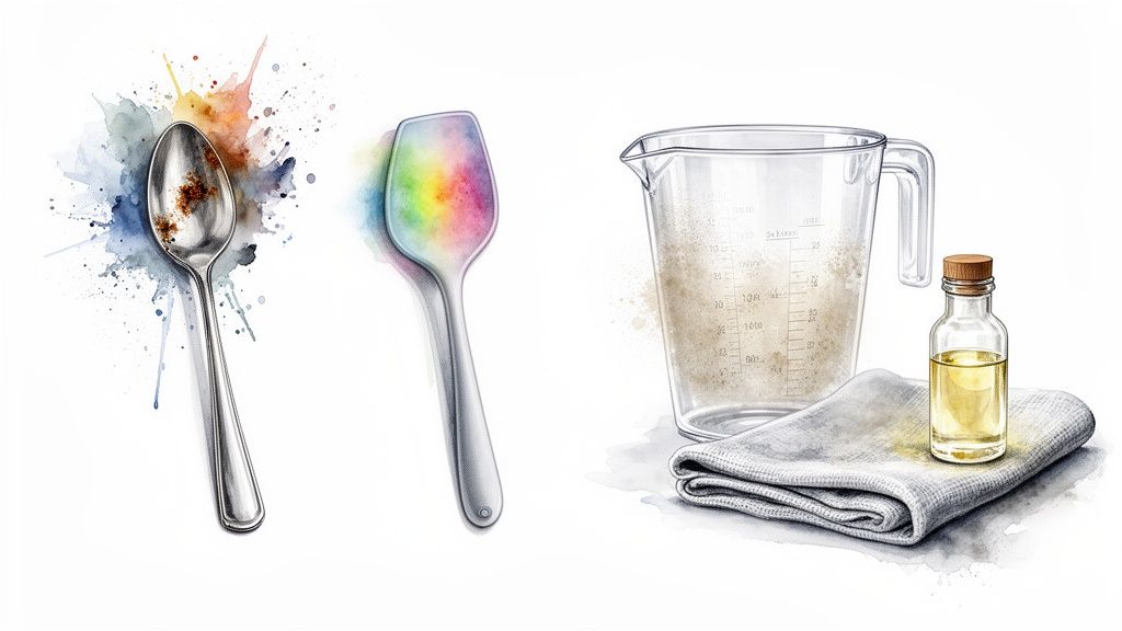 Watercolor illustration of kitchen utensils: a spoon, colorful spatula, measuring jug, and oil bottle.