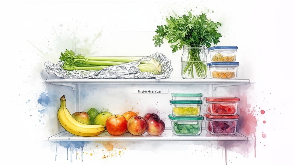 A watercolor illustration of a well-organized refrigerator with fresh produce and containers for reducing food waste.