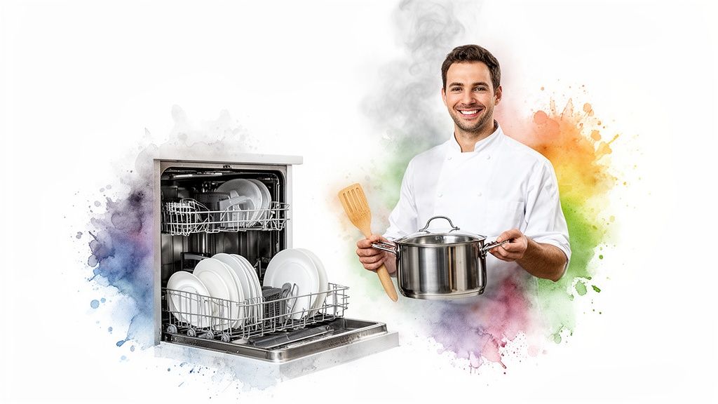 Smiling chef holding a pot and spatula next to a dishwasher filled with clean dishes, surrounded by colorful watercolor art.