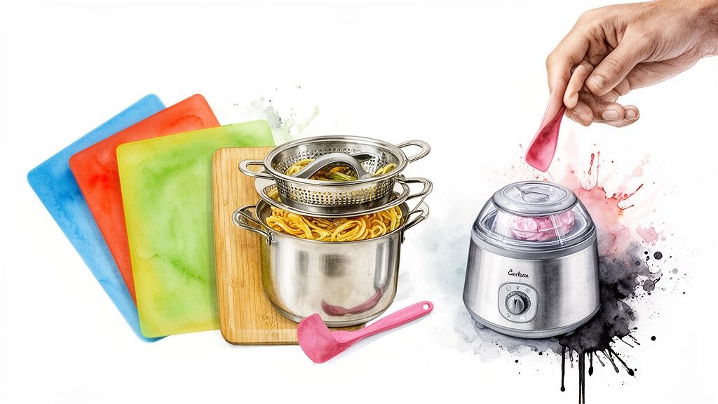 Colorful chopping mats, stainless steel pots with pasta, and an ice cream maker for home cooks.