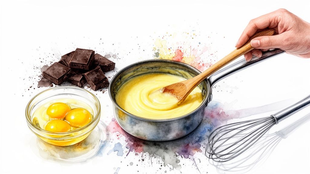 Watercolor illustration of baking ingredients: chocolate, egg yolks in a bowl, and cream being stirred in a pot.