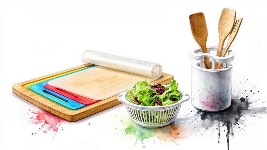 A watercolor illustration of kitchen essentials, including cutting boards, fresh salad, and wooden utensils.