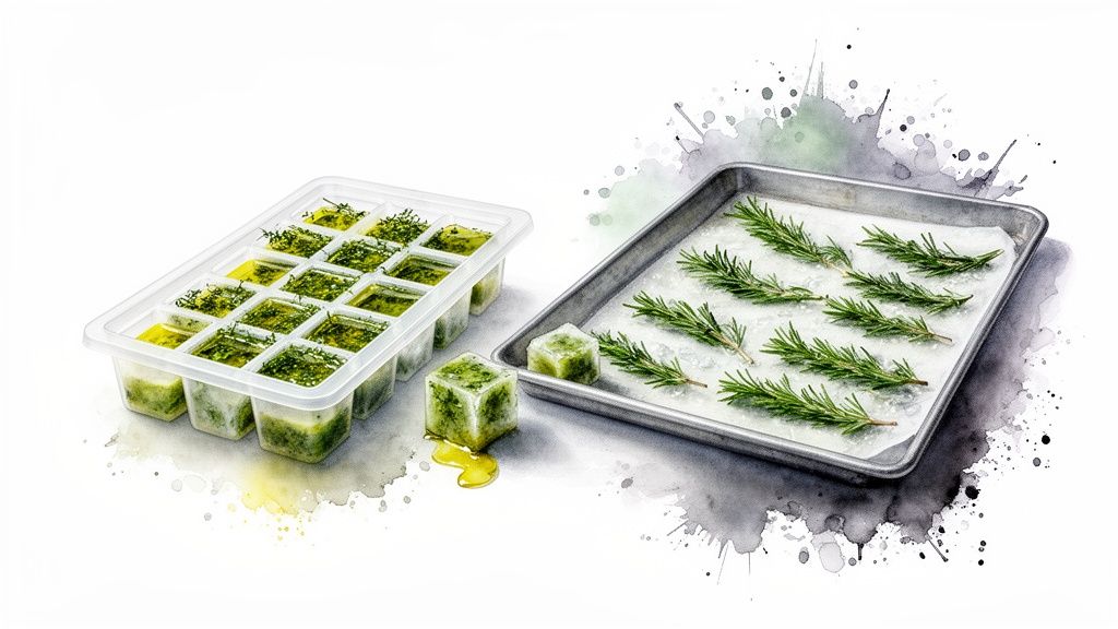 Ice cube tray with frozen herb cubes, one melting, and rosemary sprigs on a baking sheet.