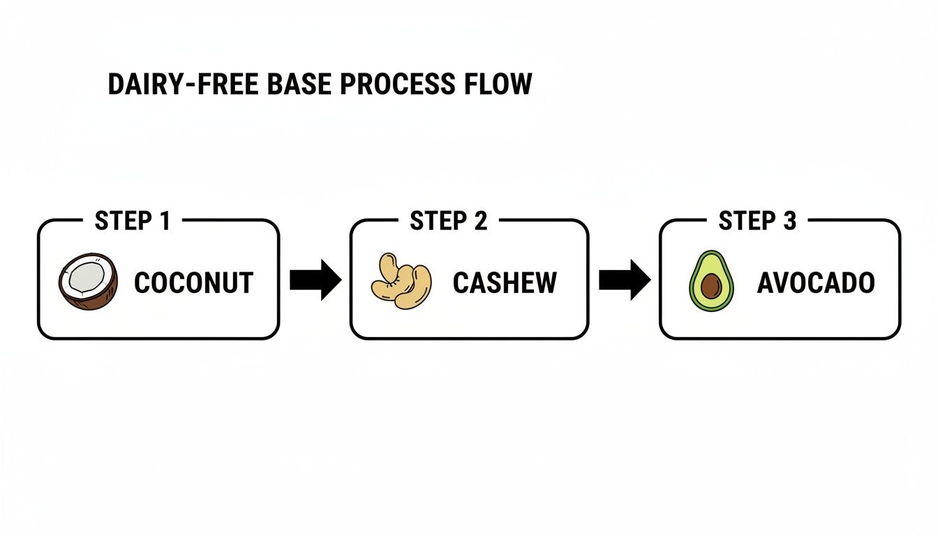 A dairy-free base process flow diagram showing steps: coconut, cashew, and avocado.