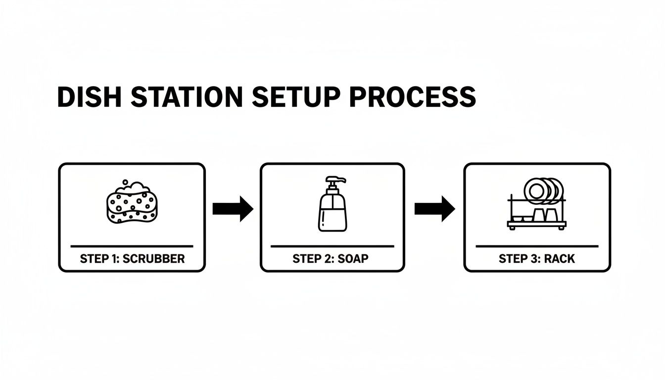 A three-step diagram illustrates how to set up a dish washing station with a scrubber, soap, and rack.