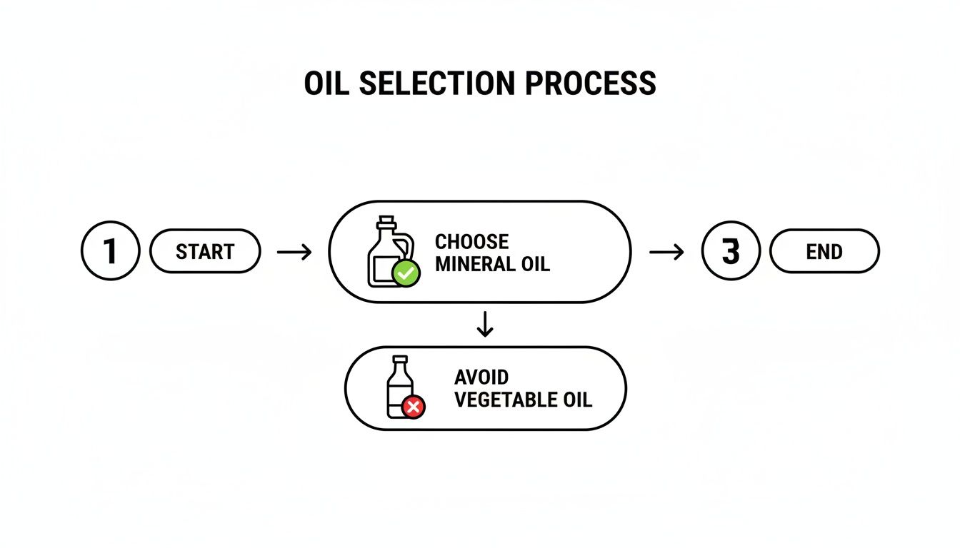 A flowchart detailing an oil selection process, recommending mineral oil and advising to avoid vegetable oil.