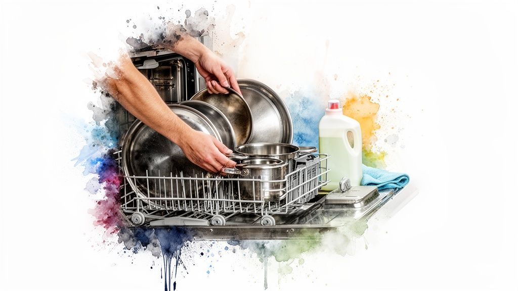 A person's hands placing various metal pots and pans into a dishwasher rack, with cleaning supplies and a towel nearby.