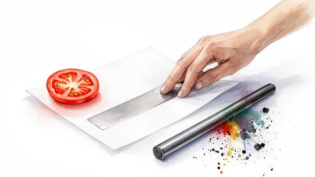 A watercolor illustration depicting a tomato slice, a hand with a ruler, and a metal rod with colorful paint splatters.