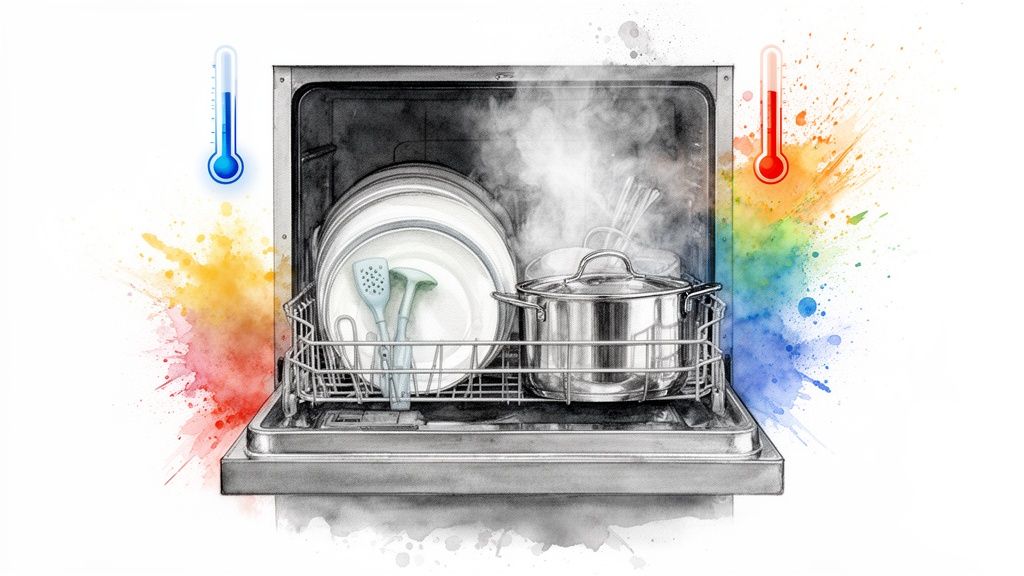 Dishwasher with hot steam, clean dishes, and utensils, illustrating temperature variations.