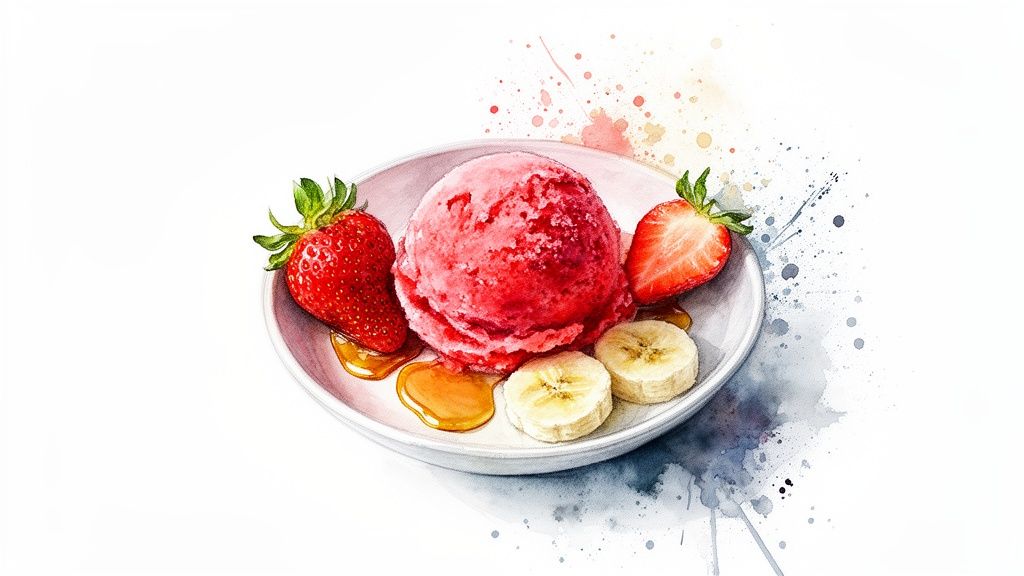 A watercolor illustration of a pink ice cream scoop with strawberries, banana slices, and honey drizzle in a white bowl.