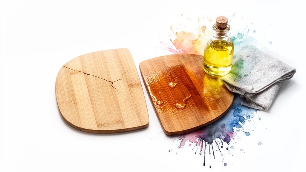 A cracked bamboo cutting board next to an oiled one with a bottle of oil and cloth.