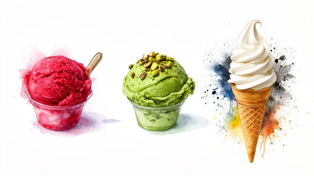 Three watercolor illustrations of ice cream: strawberry sorbet, pistachio, and vanilla soft serve cone.