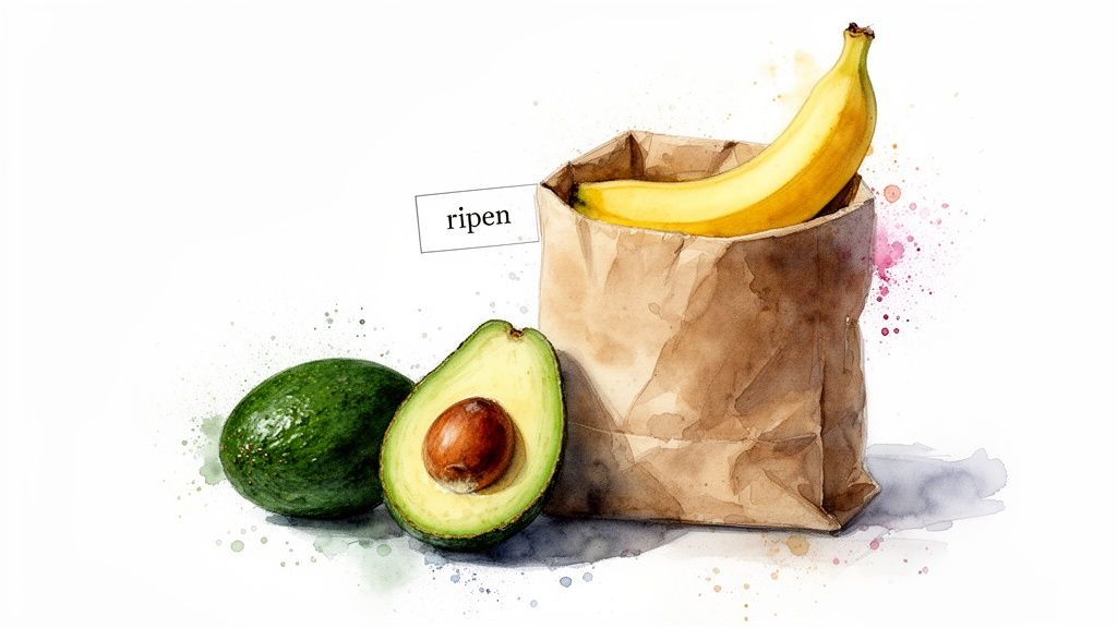A watercolor illustration depicts avocados and a banana in a paper bag, with a label that says 'ripen'.