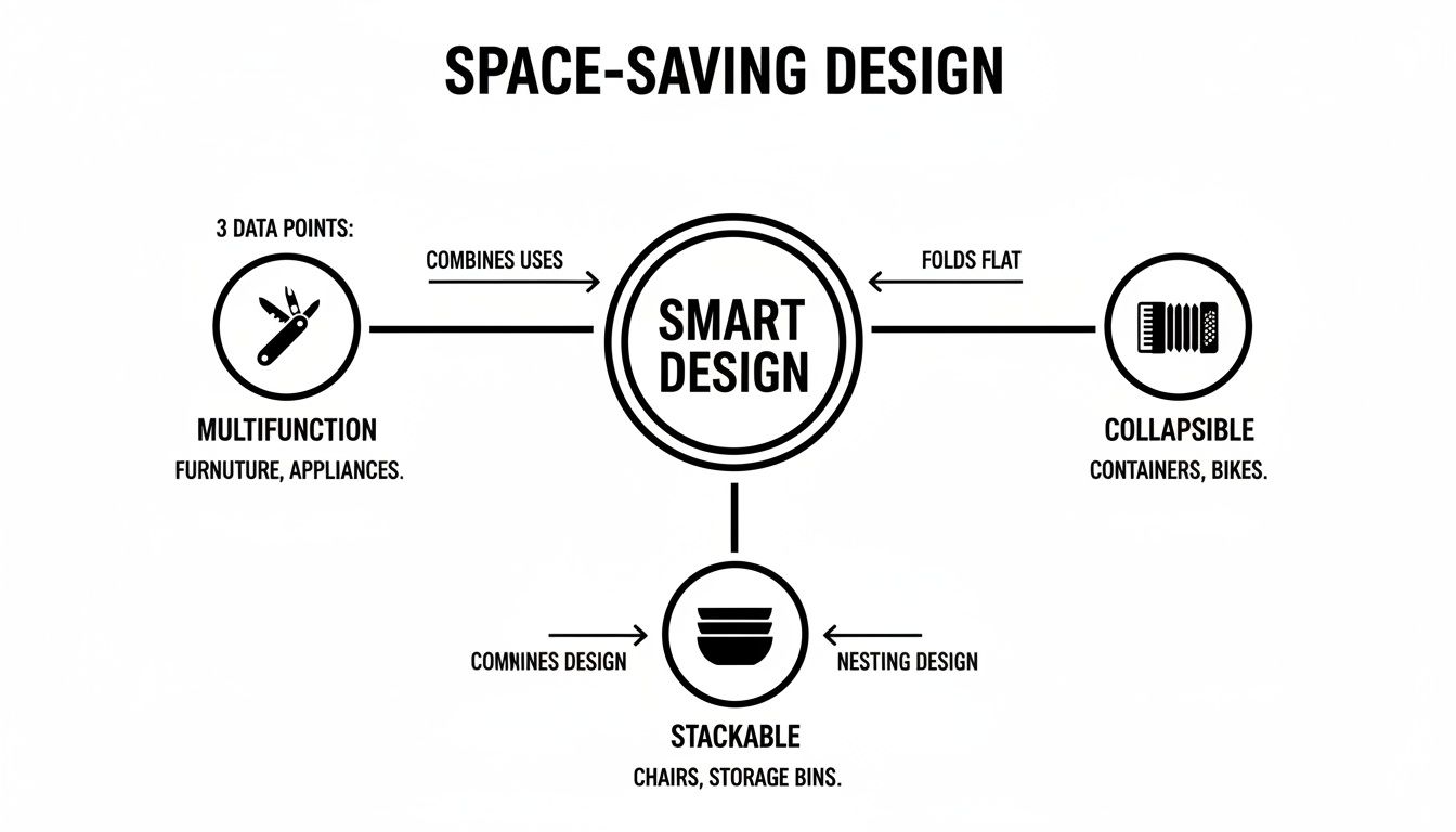 A diagram explaining smart space-saving design principles: multifunction, collapsible, and stackable with examples.