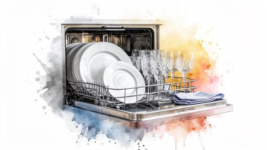 An open dishwasher filled with sparkling clean white plates, crystal glasses, and a blue cloth, with a colorful watercolor splash.