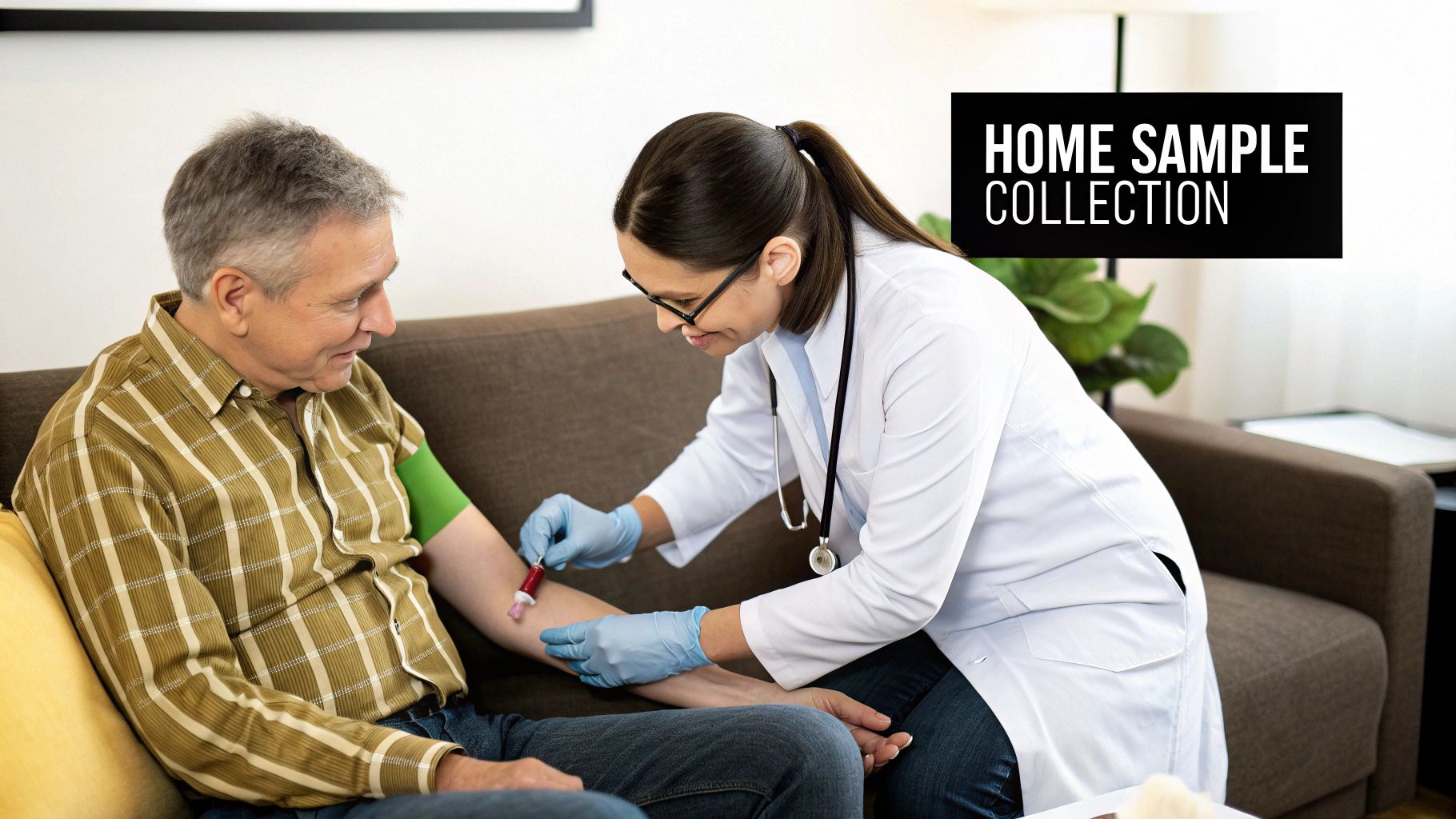 A phlebotomist carefully preparing a blood sample kit in a patient's home.