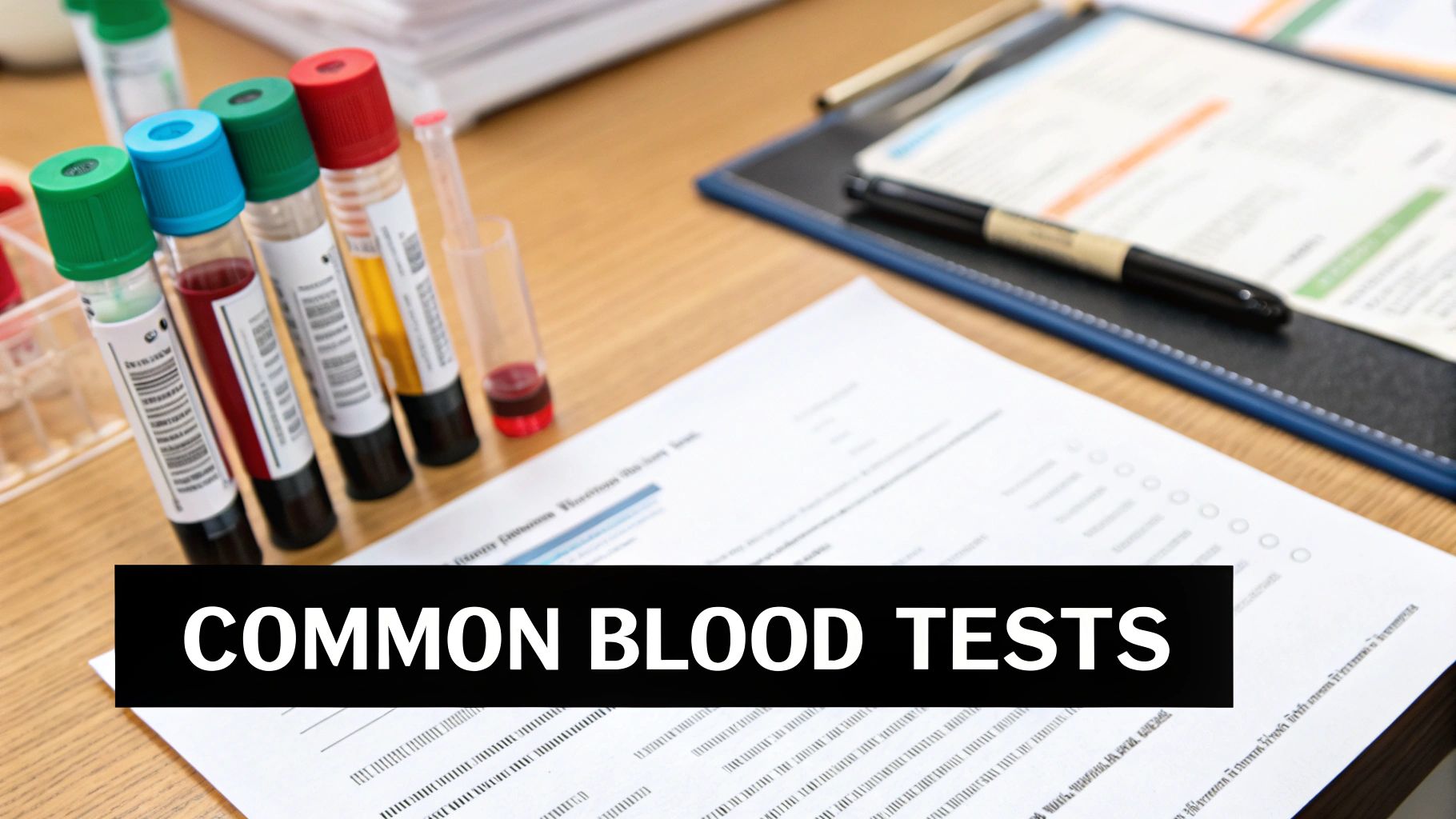 A medical professional reviewing a list of blood tests on a digital tablet in a bright, modern living room.