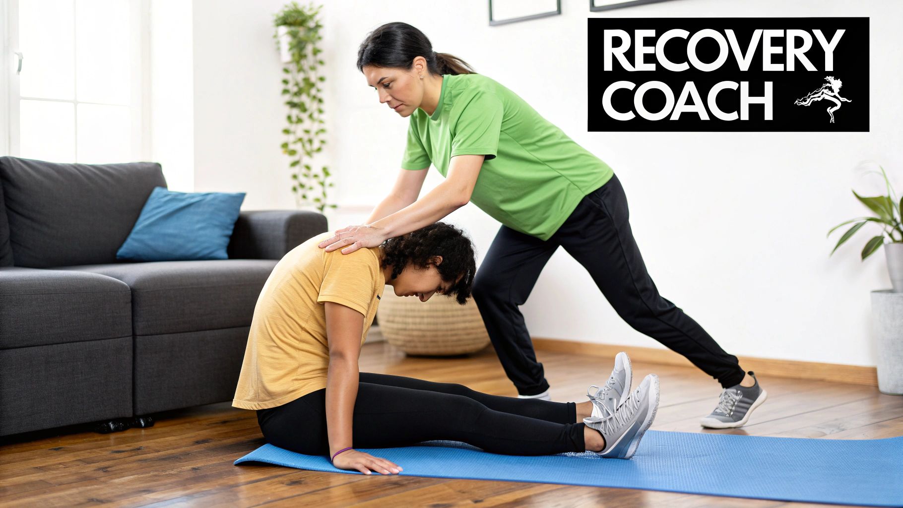 A physiotherapist assisting an elderly patient with exercises at home.
