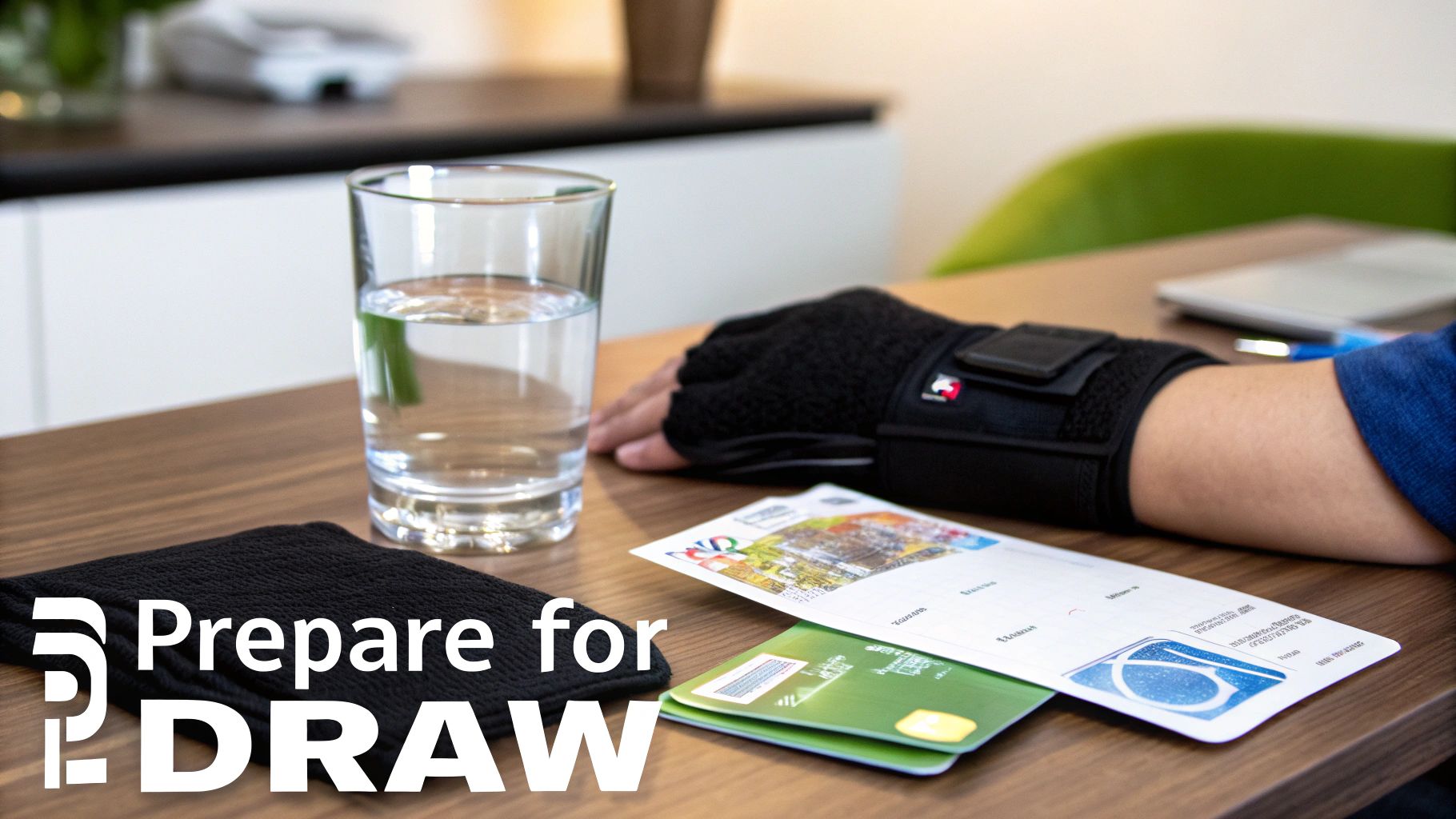 A person drinking a glass of water while sitting on a sofa in a bright, modern living room, preparing for a home blood test.