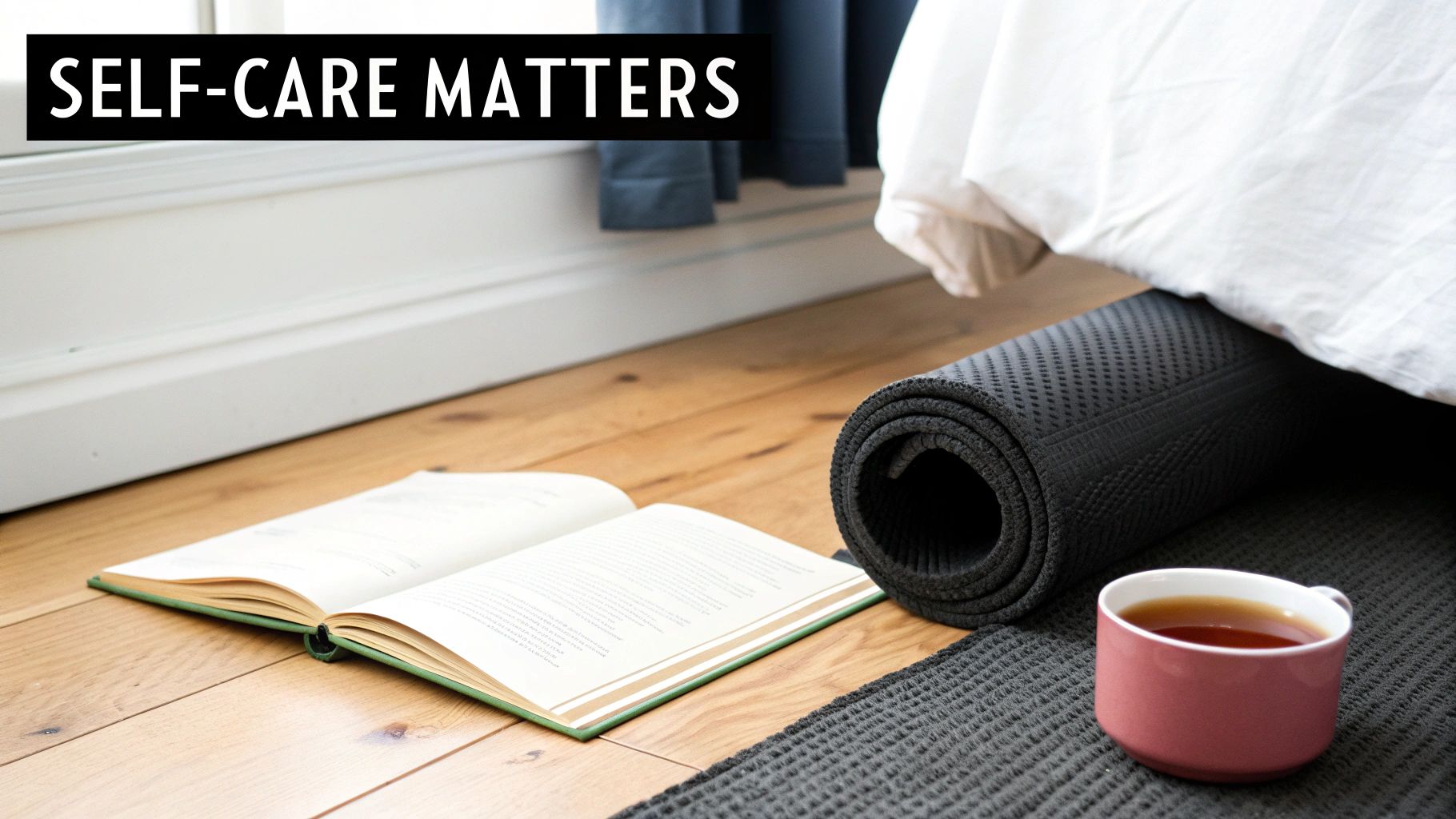 A caregiver sitting peacefully on a yoga mat in a sunlit room, taking a moment for themselves.