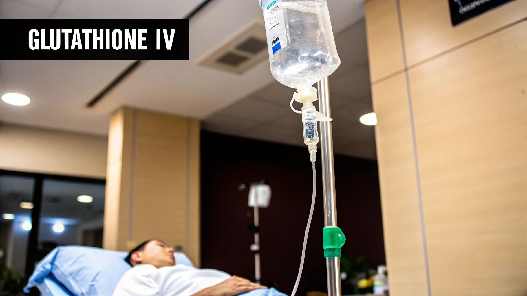 A nurse administering a glutathione IV drip to a patient in a comfortable setting in Dubai.