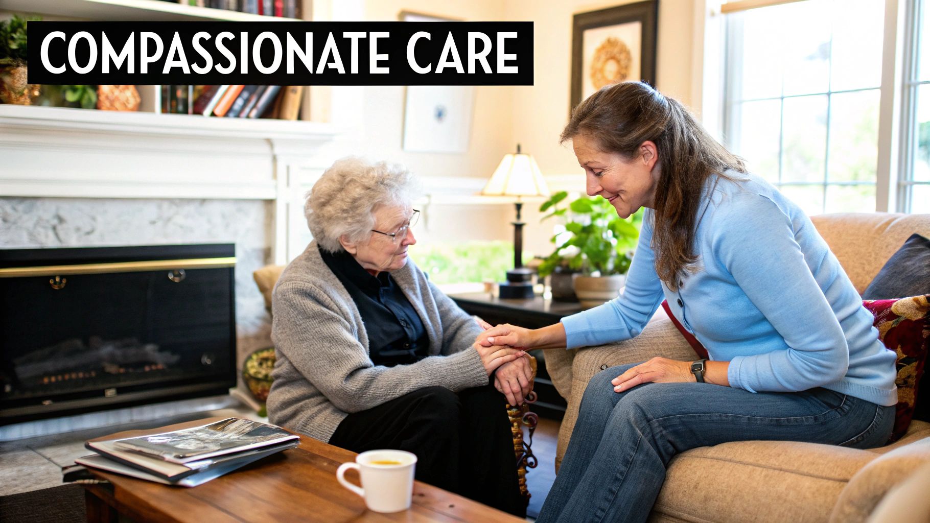 A caregiver gently holding the hand of an elderly person, both smiling warmly.