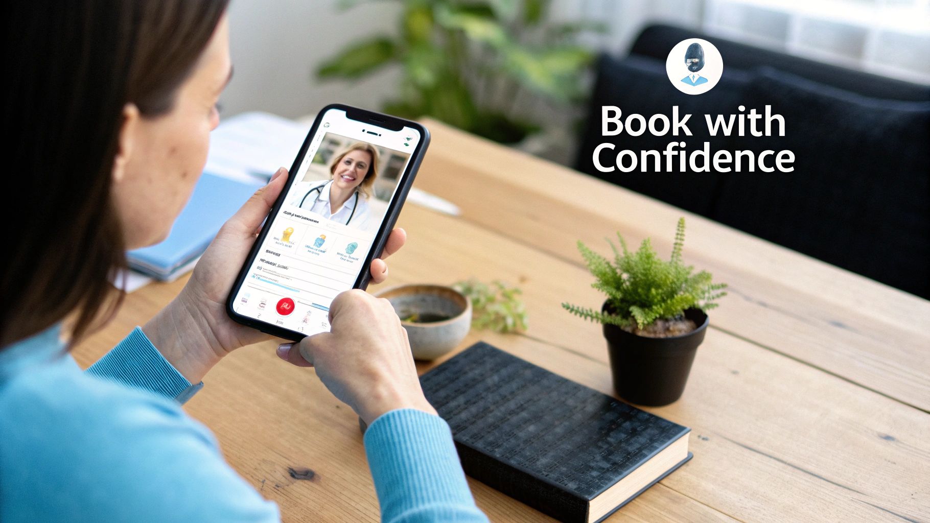 A medical professional in uniform preparing to take a blood sample from a patient in their home.