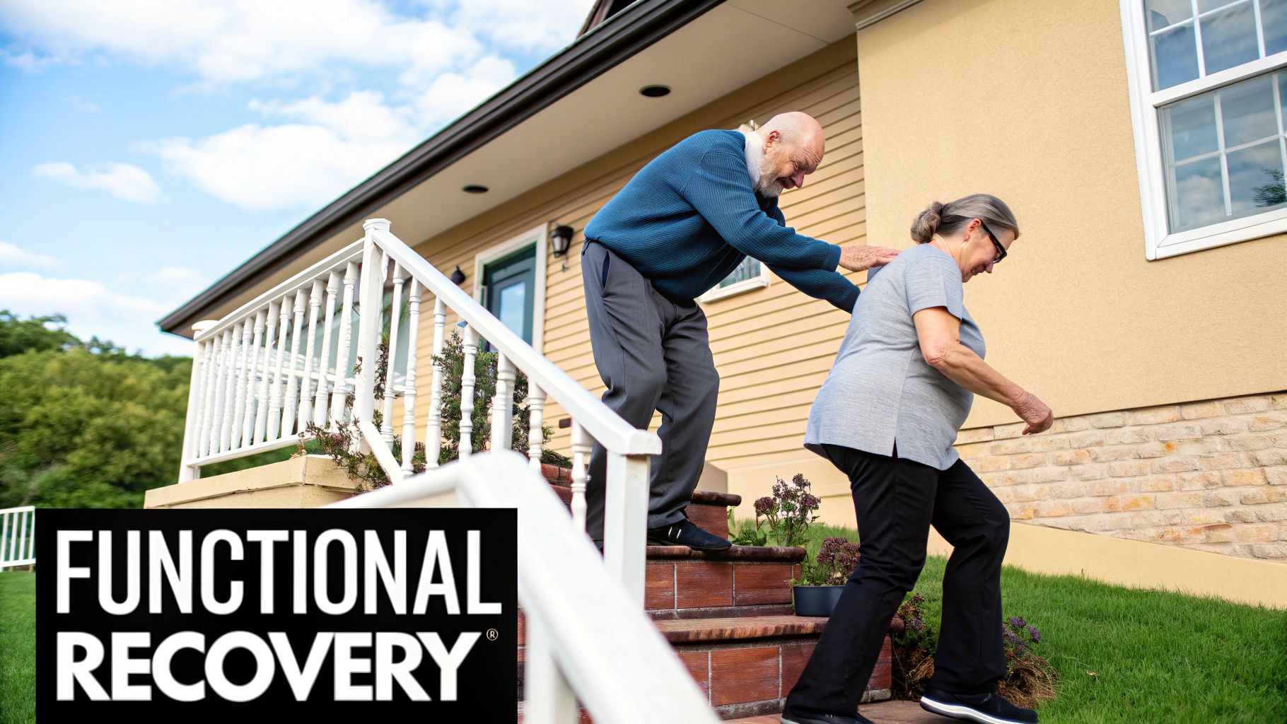 A physiotherapist guiding a patient through exercises in their comfortable living room.