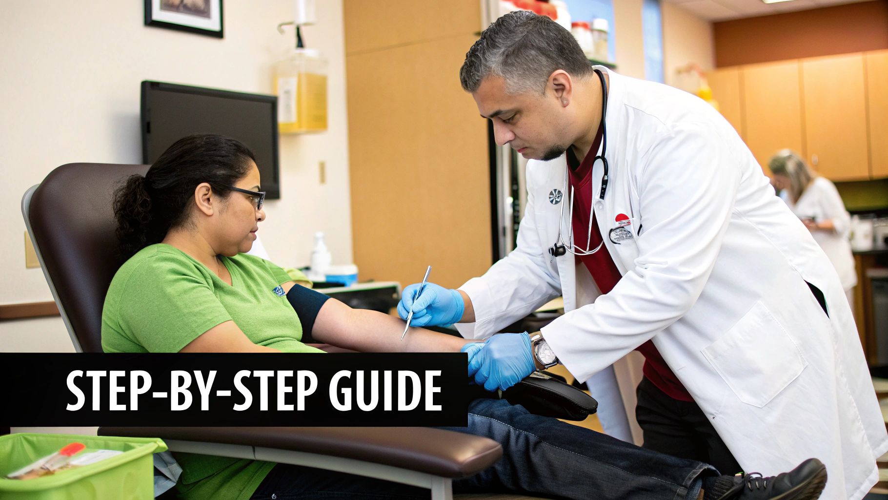 A healthcare professional reviewing blood test results on a digital tablet.