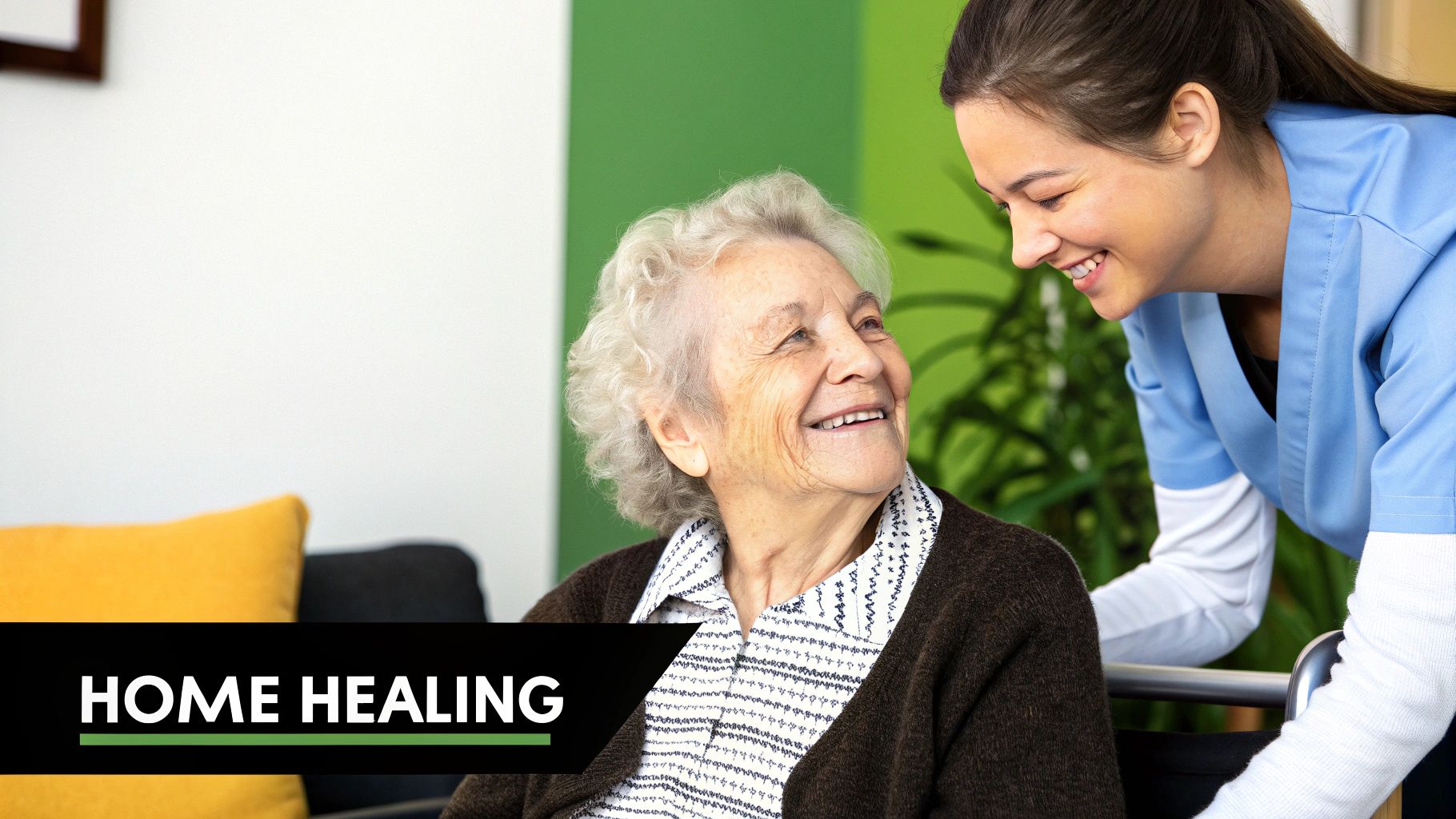 A smiling nurse provides care to a patient in a bright, comfortable home setting, highlighting the positive atmosphere.