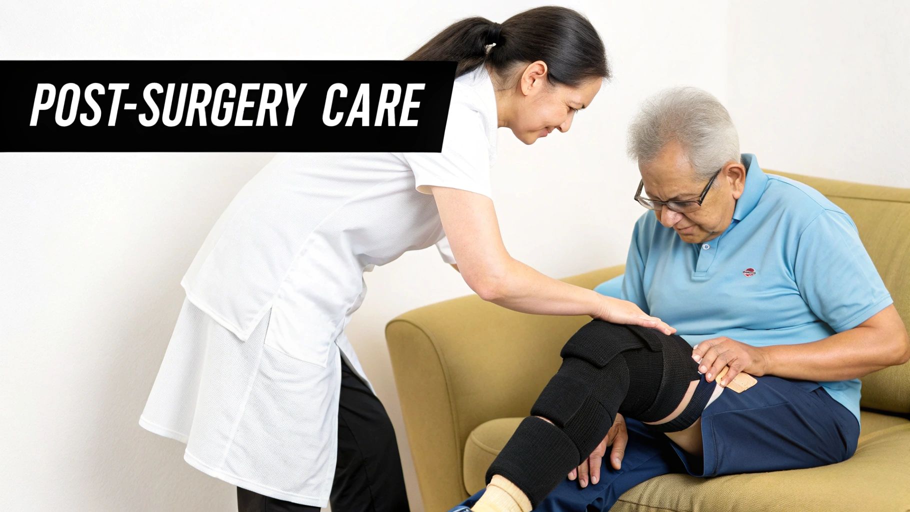 A physiotherapist supporting an elderly man with walking exercises in his home.