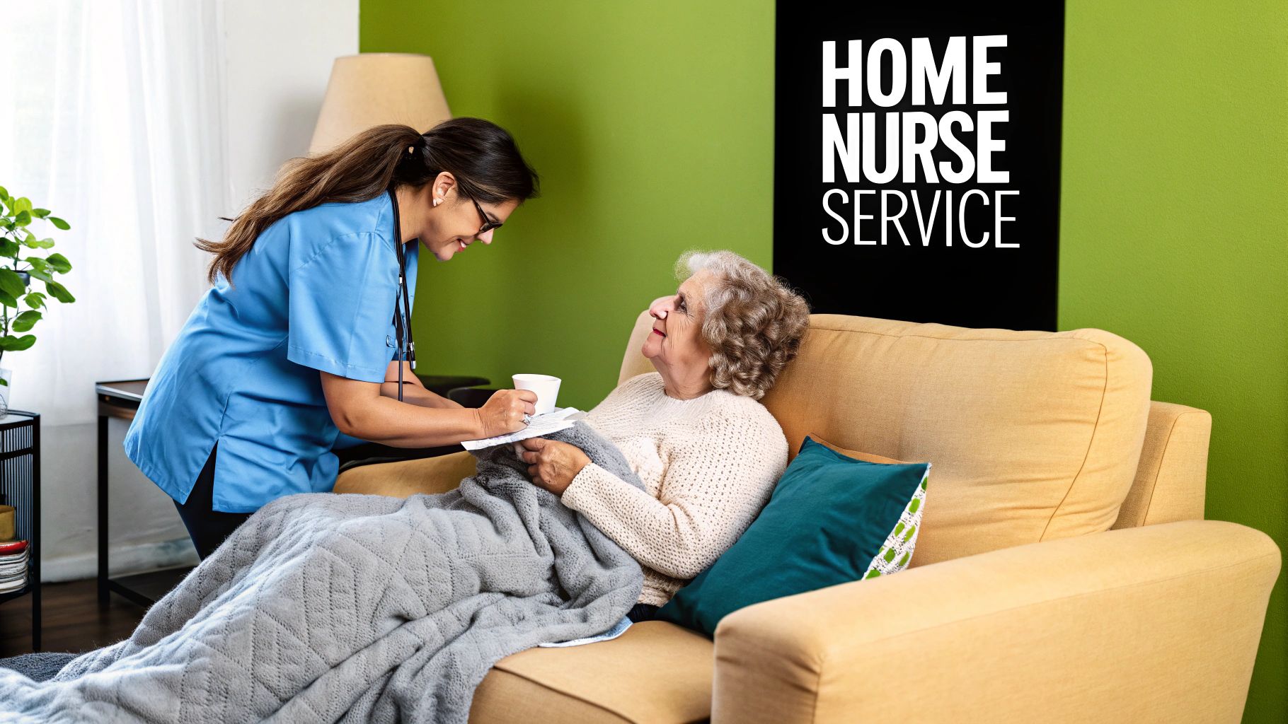 A compassionate home nurse assisting an elderly patient in a comfortable living room setting.