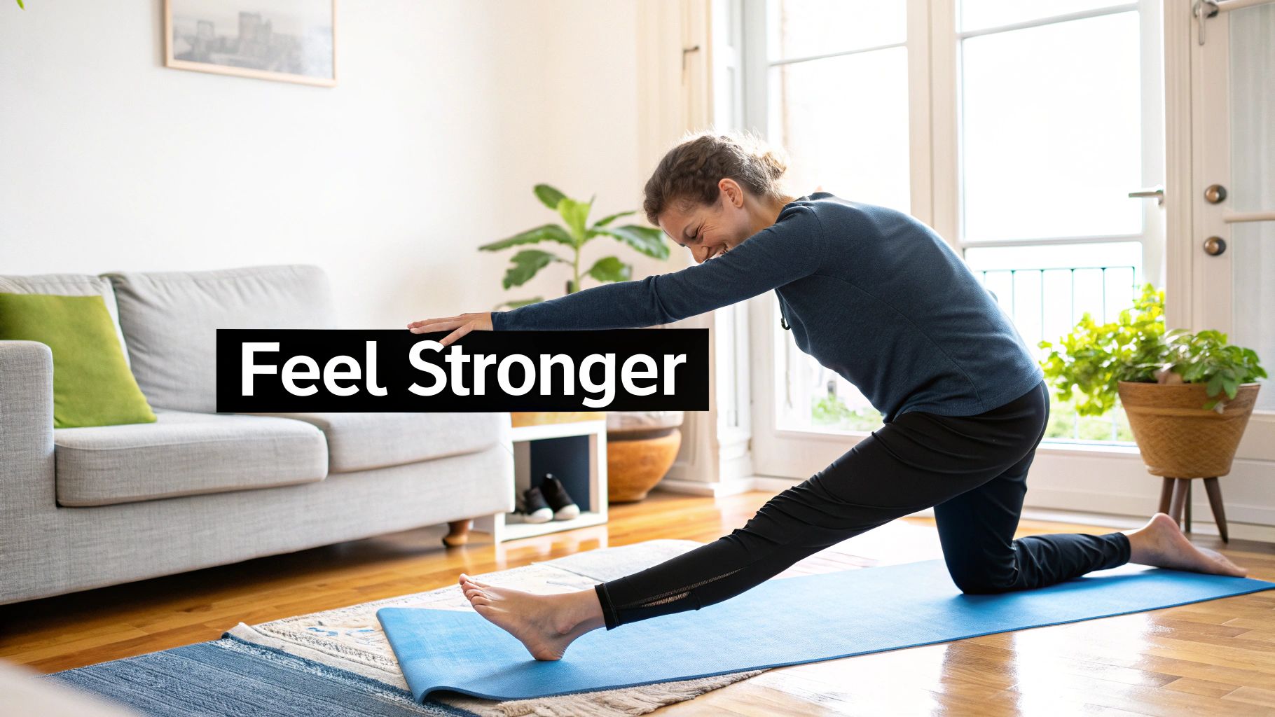 A physiotherapist assisting an elderly woman with exercises in her living room, UAE setting