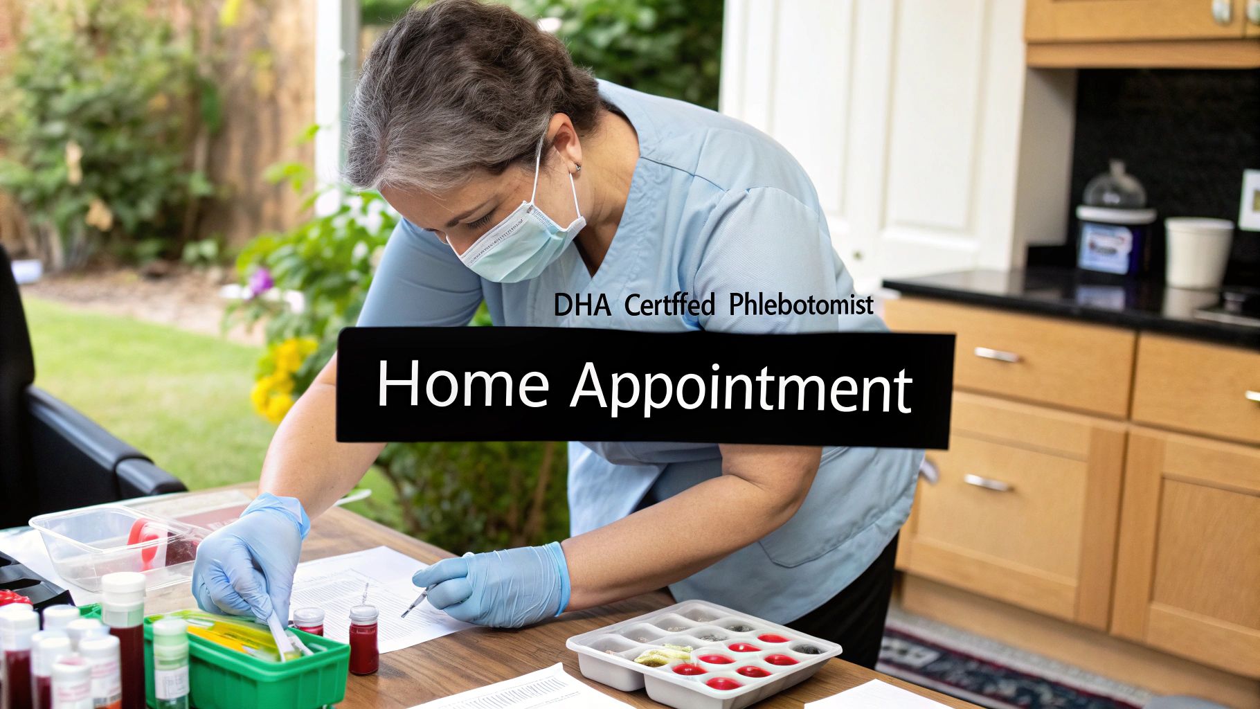 A friendly phlebotomist performs a lab test at home in Dubai.
