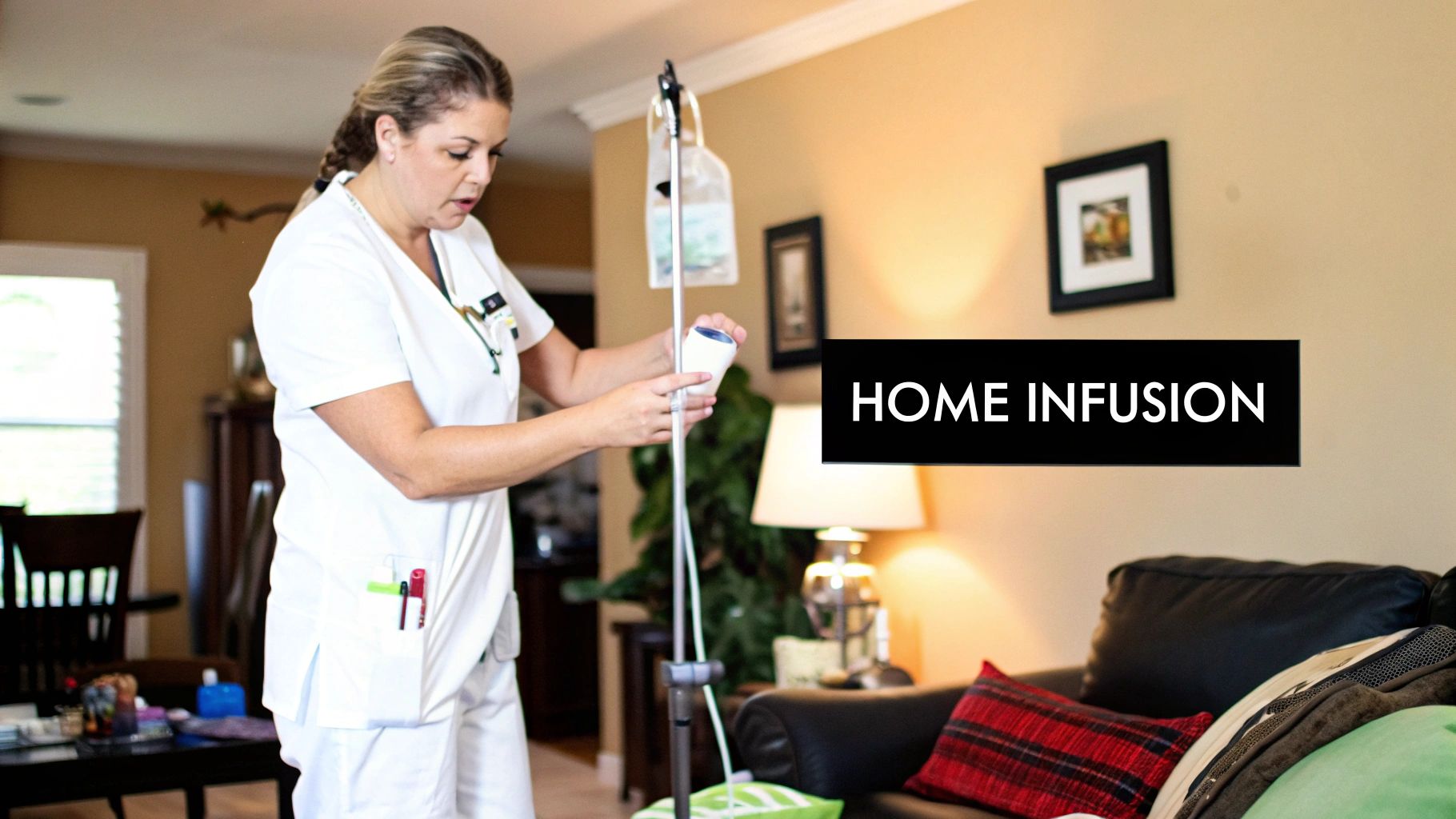 A nurse administering an IV drip to a patient resting comfortably at home.