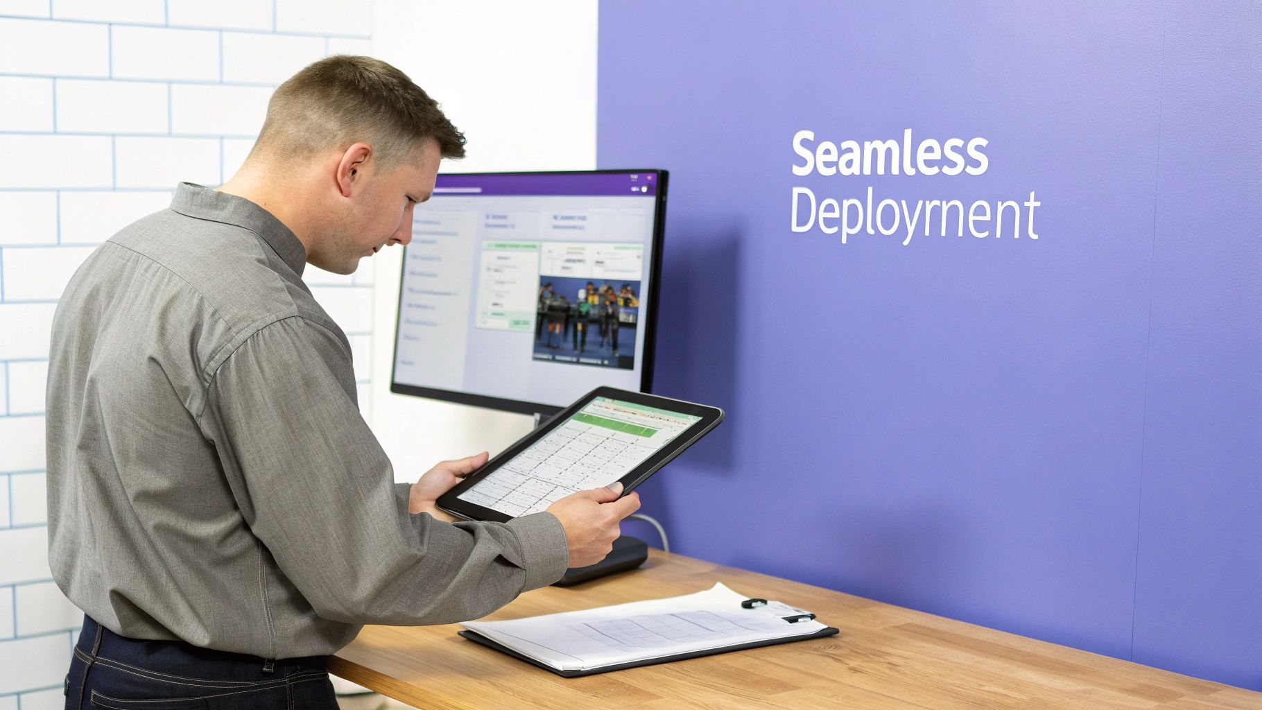 Man in grey shirt uses a tablet and computer, demonstrating seamless deployment processes.