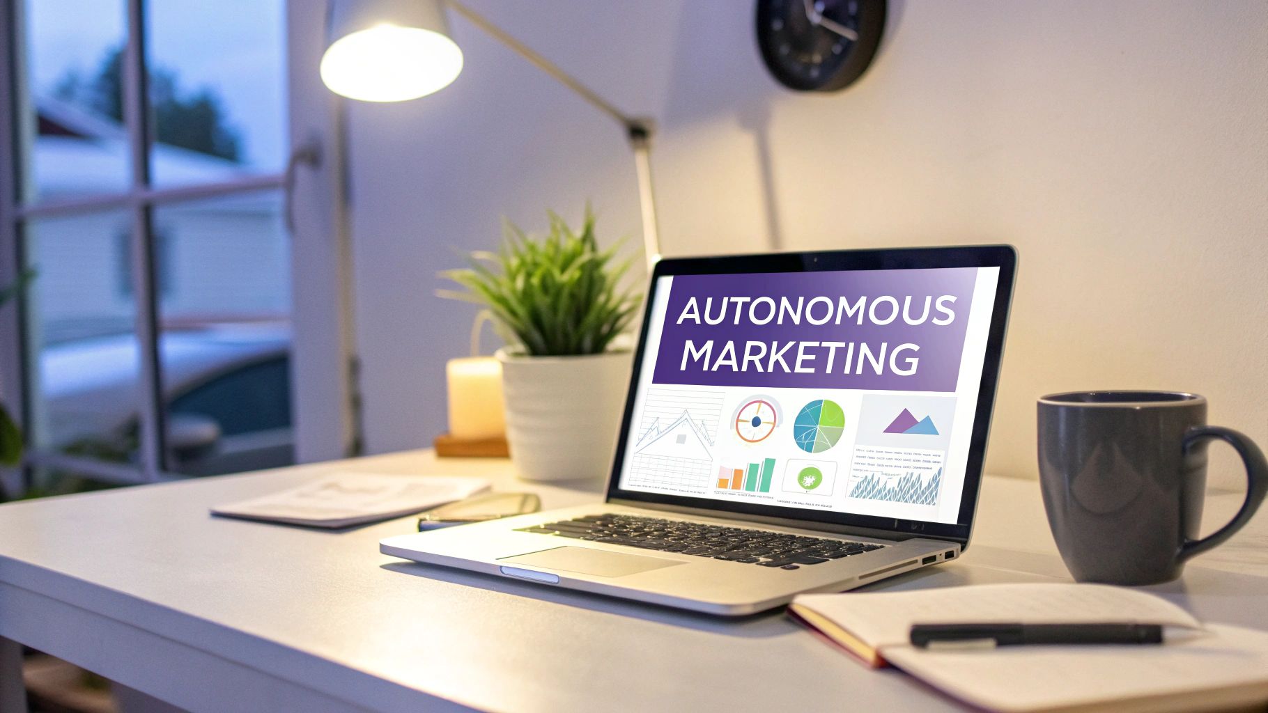 A laptop on a desk showing 'Autonomous Marketing' and data visualizations in a home office setting.