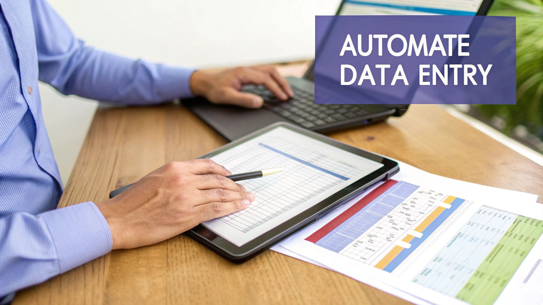 A person works with a laptop, tablet, and documents, illustrating data entry automation.