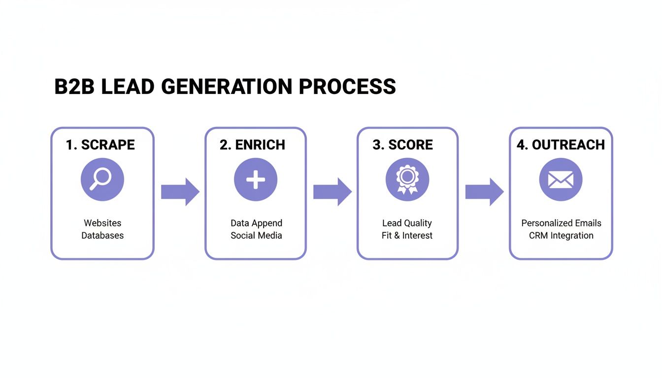 Flow chart showing the B2B lead generation process with steps: scrape, enrich, score, outreach.